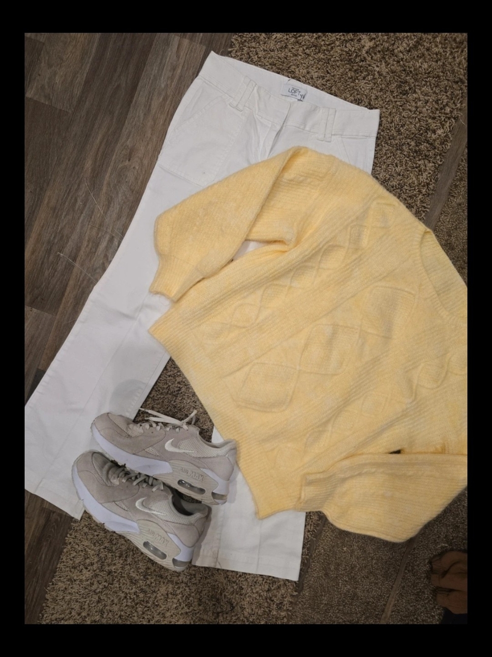 White LOFT Pants with Soft Yellow Cable Knit Sweater